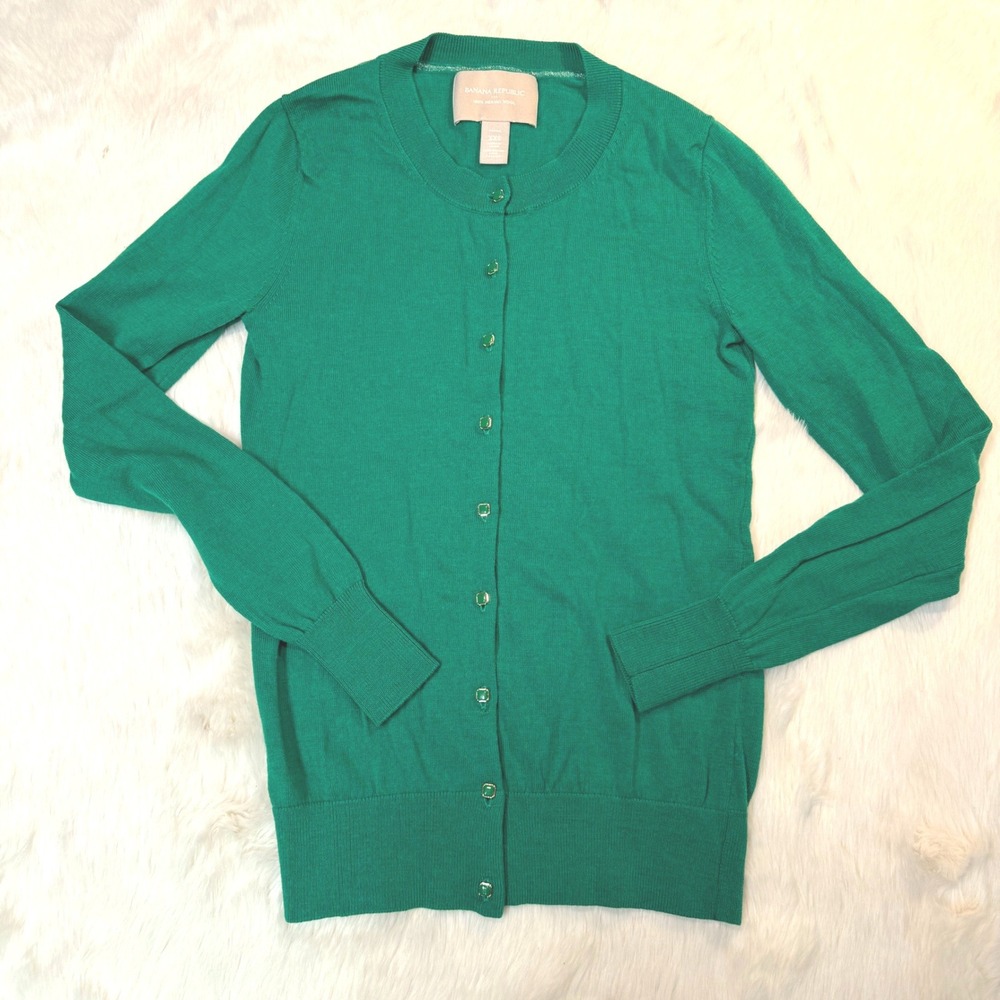 NWOT Banana Republic Cardigan Womens XXS‎ Green Merino Wool Button Front Knit